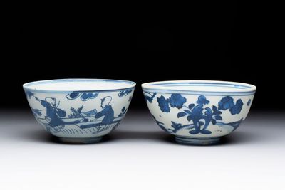 Two Chinese blue and white bowls, Fu Gui Jia Qi 富貴佳器 mark, Wanli