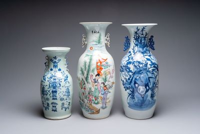 Two Chinese blue and white celadon-ground vases and a famille rose vase, signed Mao Zirong 毛子榮, 19/20th C.