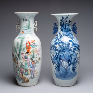 Two Chinese blue and white celadon-ground vases and a famille rose vase, signed Mao Zirong 毛子榮, 19/20th C. — foto 2