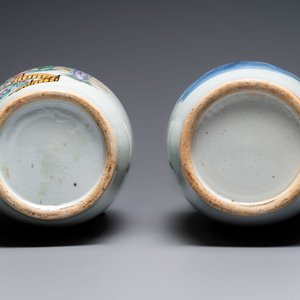 Two Chinese blue and white celadon-ground vases and a famille rose vase, signed Mao Zirong 毛子榮, 19/20th C. — foto 7