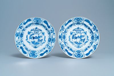 Two Chinese blue and white crowned medallion chargers, Kangxi