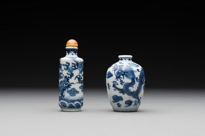 Two Chinese blue and white 'dragon' snuff bottles, Chenghua and Qianlong mark, 19th C.
