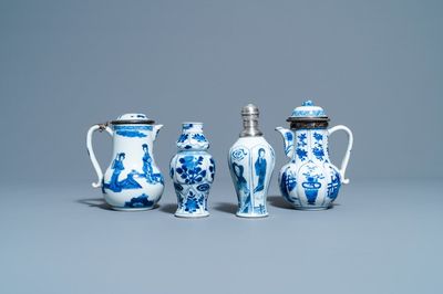 Two Chinese blue and white ewers and covers and two small vases, Kangxi