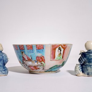 Two Chinese blue and white glazed biscuit figures of boys, Qianlong, and a Canton famille rose bowl, 19th C. — photo 3