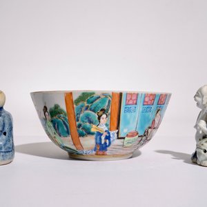Two Chinese blue and white glazed biscuit figures of boys, Qianlong, and a Canton famille rose bowl, 19th C. — photo 4