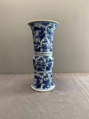 Two Chinese blue and white 'gu' vases with landscape and floral panels, Kangxi — photo 2