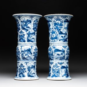 Two Chinese blue and white 'gu' vases with landscape and floral panels, Kangxi — photo 1