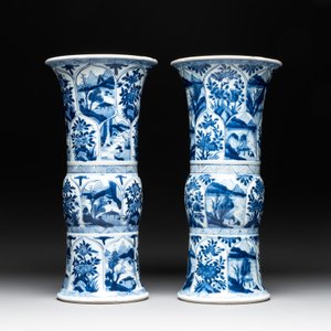 Two Chinese blue and white 'gu' vases with landscape and floral panels, Kangxi — photo 2