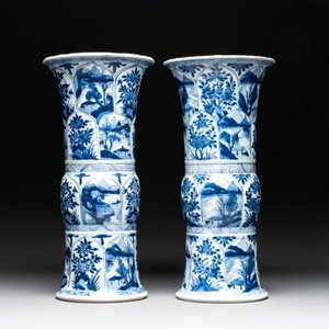 Two Chinese blue and white 'gu' vases with landscape and floral panels, Kangxi — photo 3