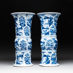Two Chinese blue and white 'gu' vases with landscape and floral panels, Kangxi — photo 4