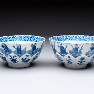 Two Chinese blue and white 'immortals' bowls, Chenghua and Kangxi mark, Kangxi — 照片 1
