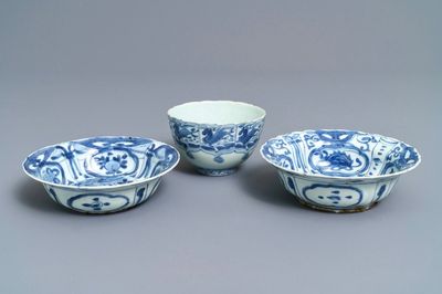 Two Chinese blue and white klapmuts bowls and a ‘flaming horse’ bowl, Wanli