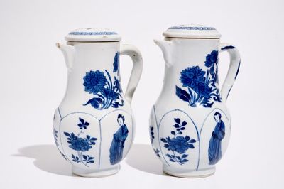 Two Chinese blue and white "Long Eliza" jugs with covers, Kangxi
