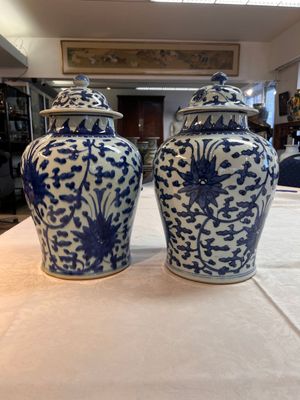 Two Chinese blue and white 'Lotus Scroll' vases and covers, Kangxi — foto 1