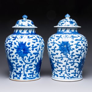 Two Chinese blue and white 'Lotus Scroll' vases and covers, Kangxi — foto 1