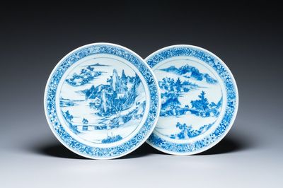 Two Chinese blue and white 'mountainous landscape' dishes, 19th C.