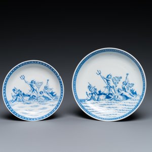 Two Chinese blue and white mythological subject cups and saucers with Neptune, Qianlong — photo 2