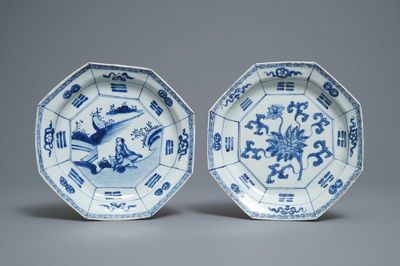 Two Chinese blue and white octagonal 'trigrams' plates, Tianqi