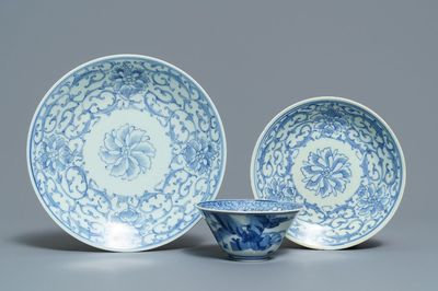 Two Chinese blue and white plates and a bowl, Kangxi and 19th C.