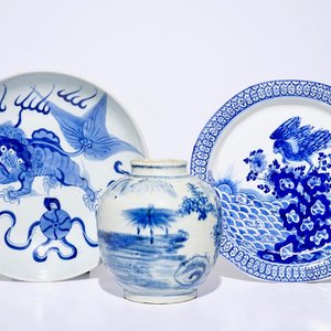 Two Chinese blue and white plates with an eagle and buddhist lions and a landscape jar, 19/20th C. — photo 1