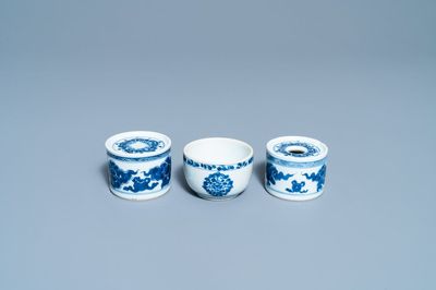 Two Chinese blue and white pounce pots and a bowl, Kangxi