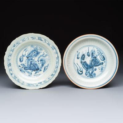 Two Chinese blue and white 'Qilin' plates, Ming