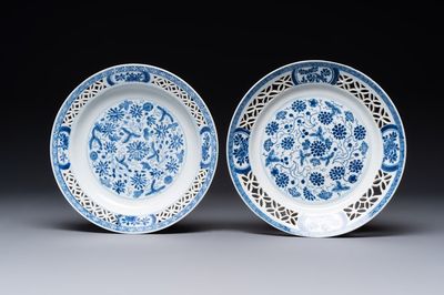 Two Chinese blue and white 'reticulated border' plates, Kangxi