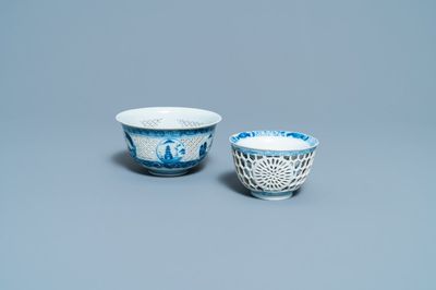 Two Chinese blue and white reticulated bowls, Transitional period and Kangxi
