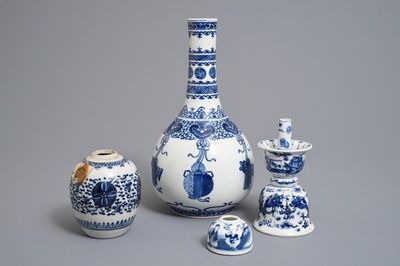 Two Chinese blue and white vases, a candlestick and a brush washer, 19th C.