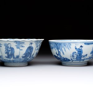 Two Chinese blue and white 'Xi Xiang Ji' and 'Eight Immortals' bowls, Ruo Shen Zhen Cang 若深珍藏 mark, Yongzheng and later — photo 5
