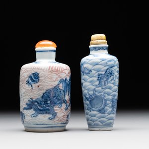 Two Chinese blue, white and copper-red 'Mythical Animals' snuff bottles, Qianlong mark and of the period — photo 1