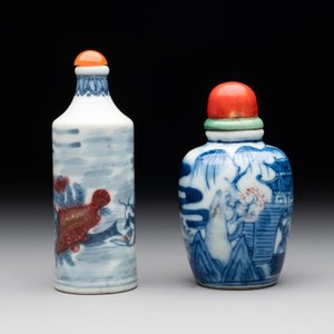 Two Chinese blue, white and copper-red snuff bottles, Gui Li Lian Nian 鮭鯉鰱鯰 and Qianlong mark, 18/19th C. — photo 3