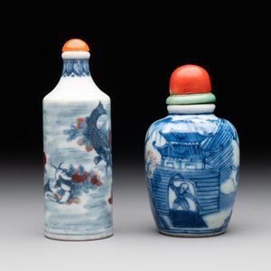 Two Chinese blue, white and copper-red snuff bottles, Gui Li Lian Nian 鮭鯉鰱鯰 and Qianlong mark, 18/19th C. — photo 4