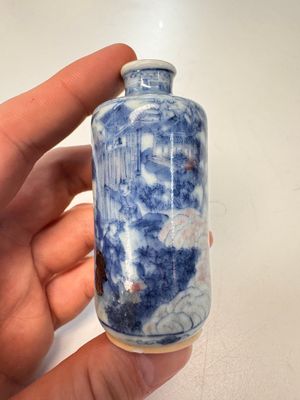 Two Chinese blue, white and copper-red snuff bottles with narrative design — photo 15