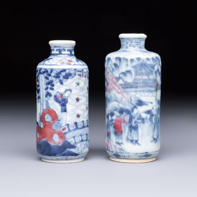 Two Chinese blue, white and copper-red snuff bottles with narrative design, Yongzheng and flower mark, 19th C.