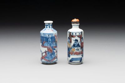 Two Chinese blue, white and copper-red snuff bottles, Yongzheng marks, 19th C.
