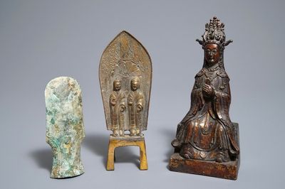Two Chinese bronze figures and a bronze axe fragment, poss. Han and Ming