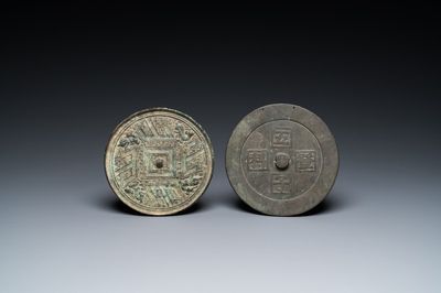 Two Chinese bronze mirrors, Tang or later