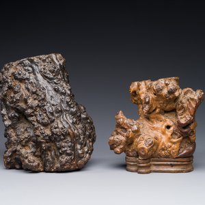 Two Chinese burl wood brush pots, 'bitong', 19th C. — 照片 1