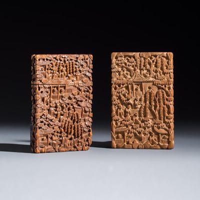 Two Chinese Canton carved wooden card cases and covers, 19th C.
