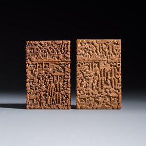 Two Chinese Canton carved wooden card cases and covers — photo 4