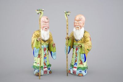 Deux figures de Shou Lao en cuivre emaillé de Canton, 18/19ème