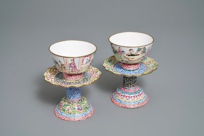 Two Chinese Canton enamel marriage bowls on stands, Yongzheng/Qianlong