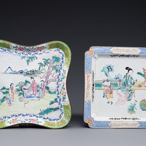 Two Chinese Canton enamel square trays with narrative design, Shou 壽 mark, 18/19th C. — 照片 1