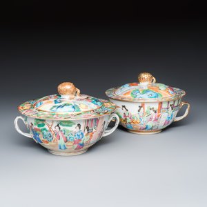 Two Chinese Canton famille rose covered bowls with figural design — photo 1