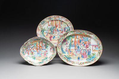 Two Chinese Canton famille rose dishes and a tazza, 19th C.