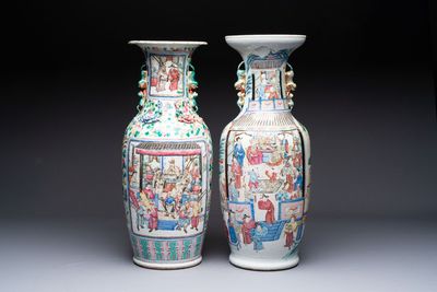 Two Chinese Canton famille rose vases with narrative design, 19th C.