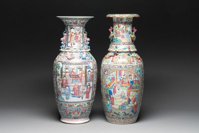 Two Chinese Canton famille rose vases with narrative design, 19th C.