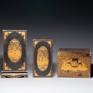 Two Chinese Canton gilt black lacquer miniature cabinets and a box, 19th C. — photo 3