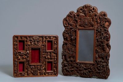 Two Chinese carved wood frames with dragons and figures, ca. 1900